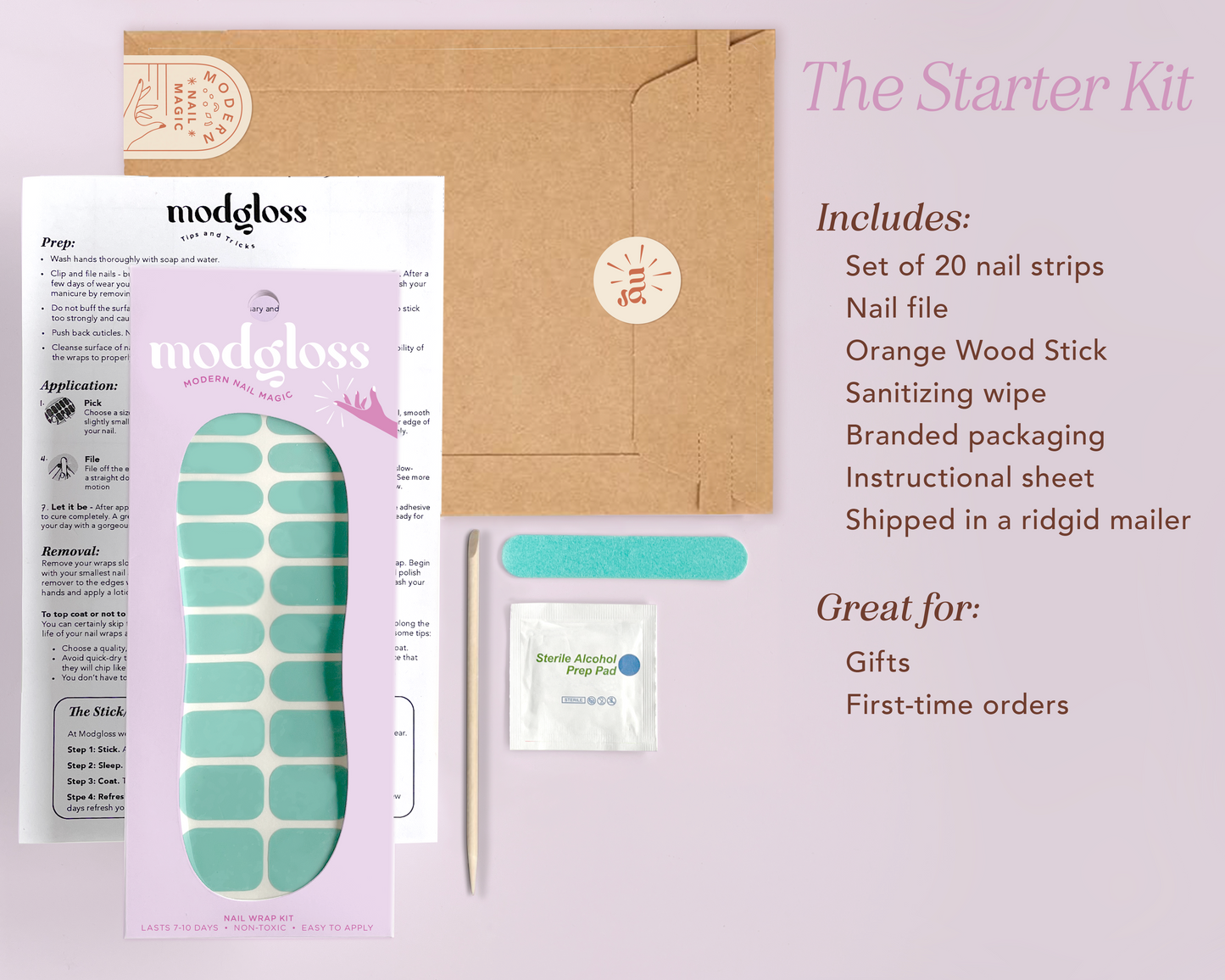 the starter kit includes nail strips, nail file, orange wood stick, sanding